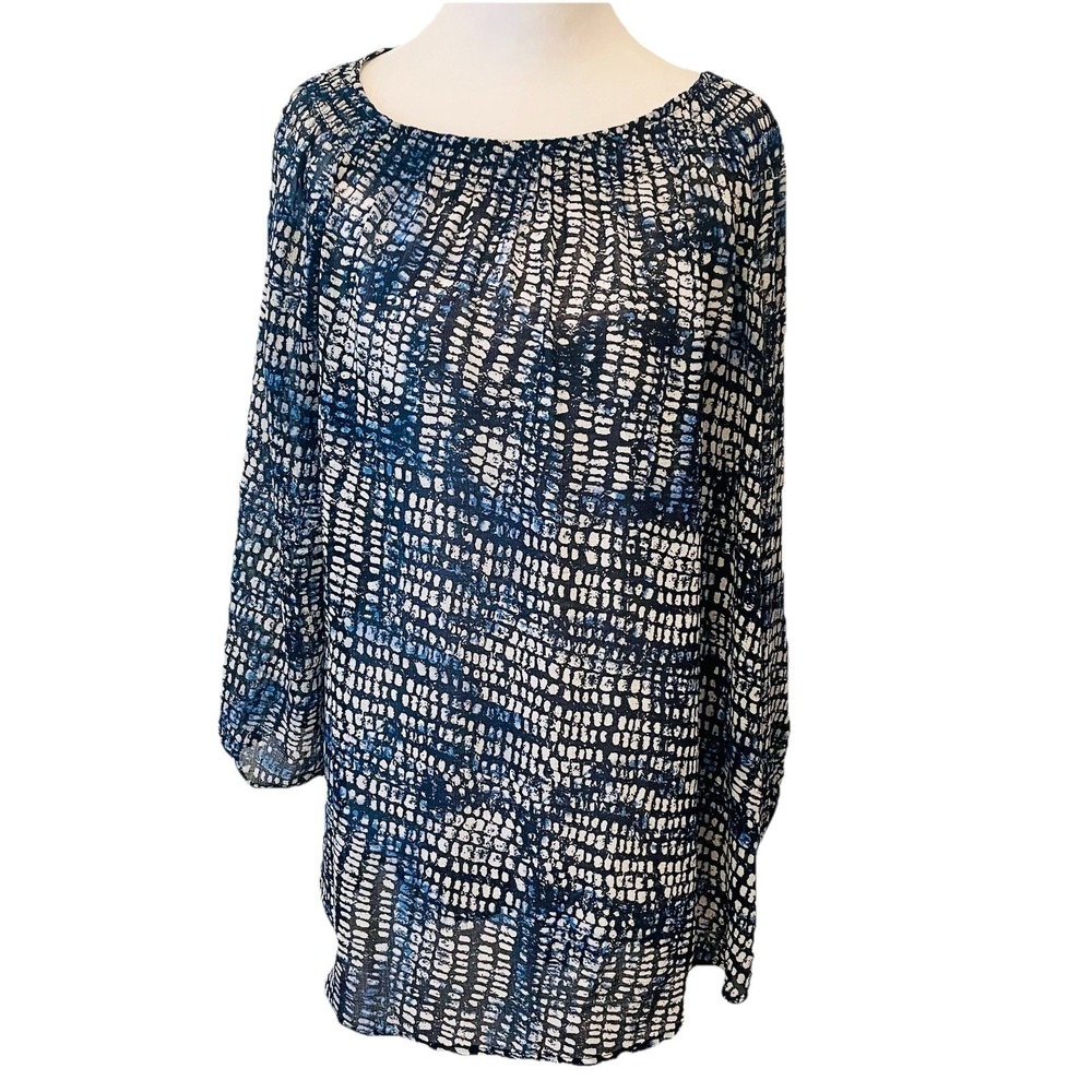 Daisy Fuentes‎ Womens Blouse Blue Black  Tunic Long Sleeve Size M Sheer Work